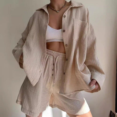 Women’s Two-Piece Set – Oversized Shirt and Drawstring Shorts – Cotton Feel – Relaxed Fit
