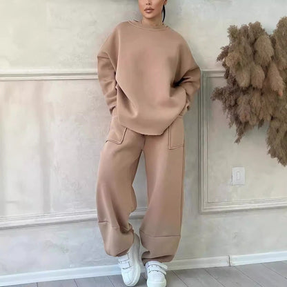 Women’s Lounge Set – Cotton Blend – Oversized Fit – Crew Neck – Wide Leg Trousers