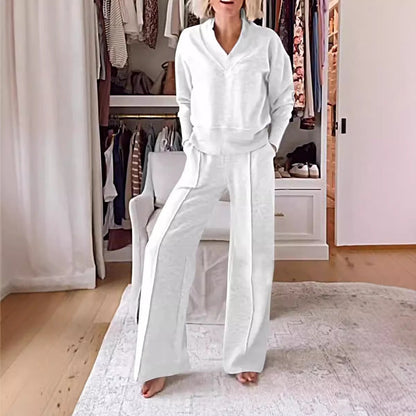 Women’s Two-Piece Set – V-Neck Long Sleeve Top – High Waist Wide-Leg Knit Pants