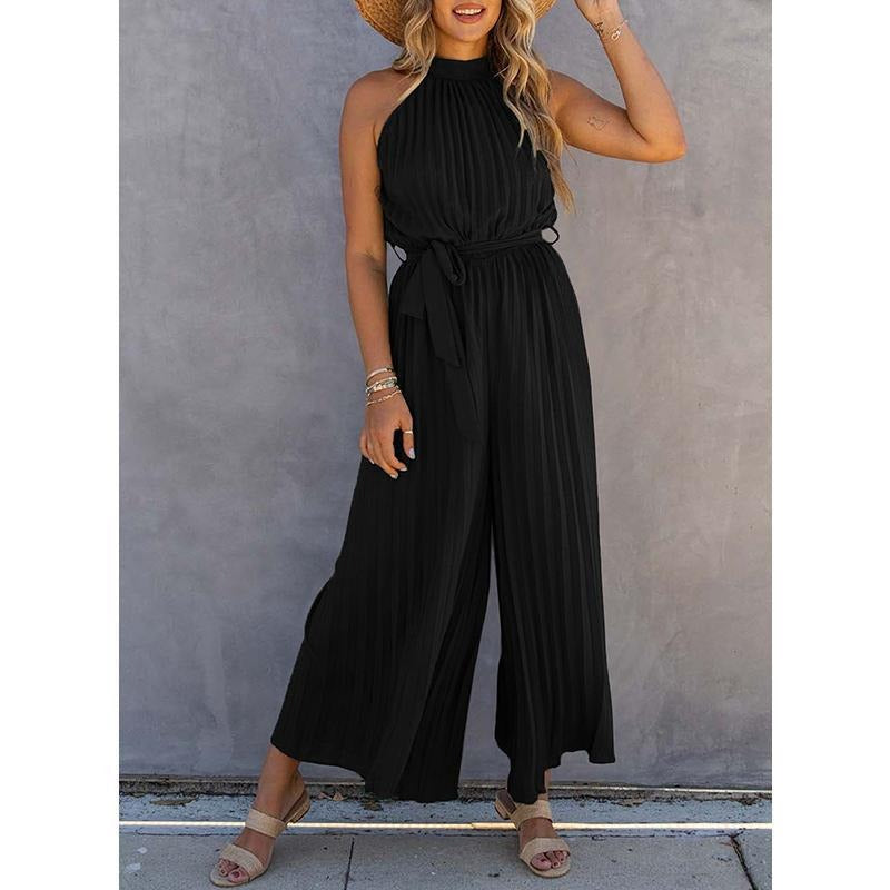 Women’s Jumpsuit – Halter Neck – Pleated Texture – Wide Leg – Tie Waist – Relaxed Fit