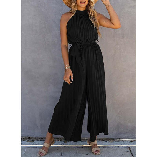 Women’s Jumpsuit – Halter Neck – Pleated Texture – Wide Leg – Tie Waist – Relaxed Fit