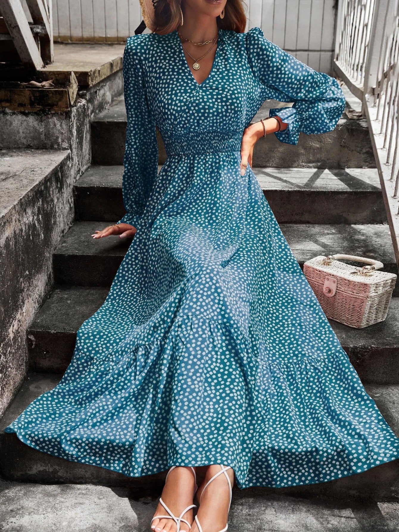 Women’s Midi Dress – V-Neck – Long Sleeve – Flared Fit – Cotton – Polka Dot