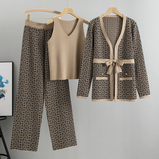 Women’s 3-Piece Knit Set – Geometric Pattern – Sleeveless Top – Wide Leg Pants – Tie Waist Cardigan