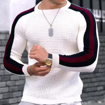 Men’s Sweater – Slim Fit – Wool Blend – Textured Knit – Ribbed Trim – Stripe Sleeve