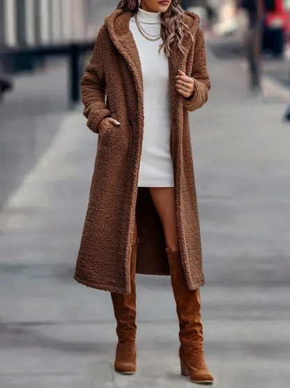 Women’s Overcoat – Teddy Texture – Relaxed Fit – Calf Length – Hooded Open Front