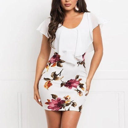 Women’s Sheath Dress – Floral Pattern – Scoop Neck – Ruffle Shoulder – Mini Length