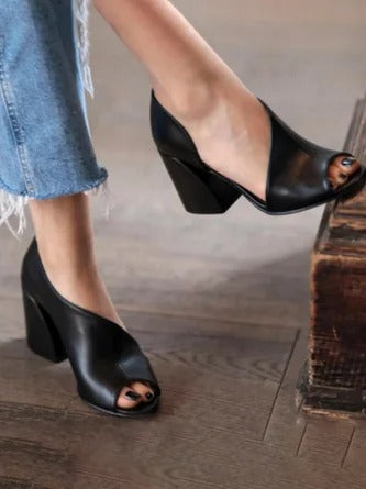Women’s Block Heel Flats – Open Toe – Slip-On Style – Minimalist Sleek Design