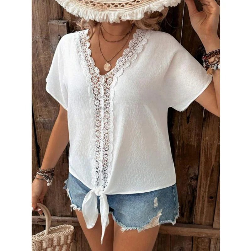 Women’s V-Neck Shirt – Relaxed Fit – Lace Trim – Front Tie Hem – Breathable Fabric