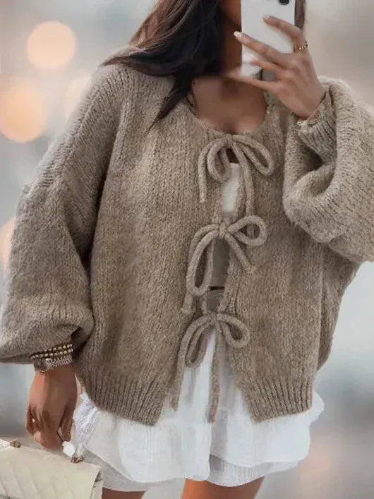 Women’s Cardigan – Wool Knit – Oversized Fit – Balloon Sleeves – Tie Front Boho Style