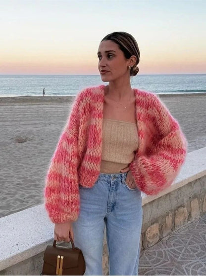Women’s Knitted Cardigan – Wool Blend – Cropped Fit – Open Front – Balloon Sleeves