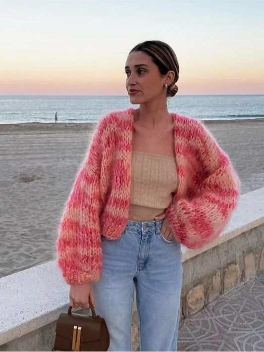 Women’s Knitted Cardigan – Wool Blend – Cropped Fit – Open Front – Balloon Sleeves