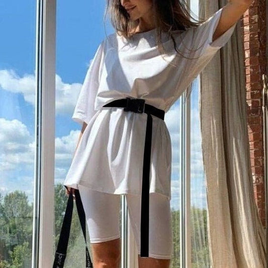Women’s Two-Piece Set – Relaxed Tunic with Waist Belt – Fitted Cycling Shorts – Jersey Knit