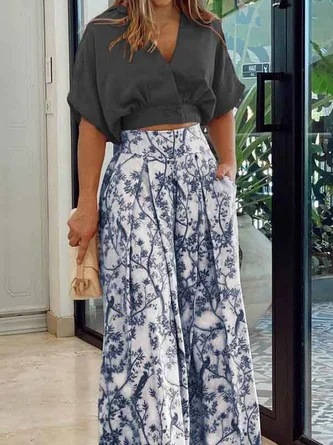 Women’s Two-Piece Set – Cropped Dolman Sleeve Top – Wide-Leg Pleated Trousers – Breathable Blend