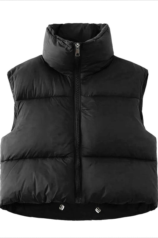 Women’s Puffer Vest – Oversized Fit – Quilted – High Collar – Cropped Length – Drawstring Hem