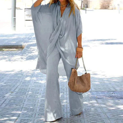 Women’s Two-Piece Set – Draped Top – Wide-Leg Trousers – Relaxed Fit – Cotton