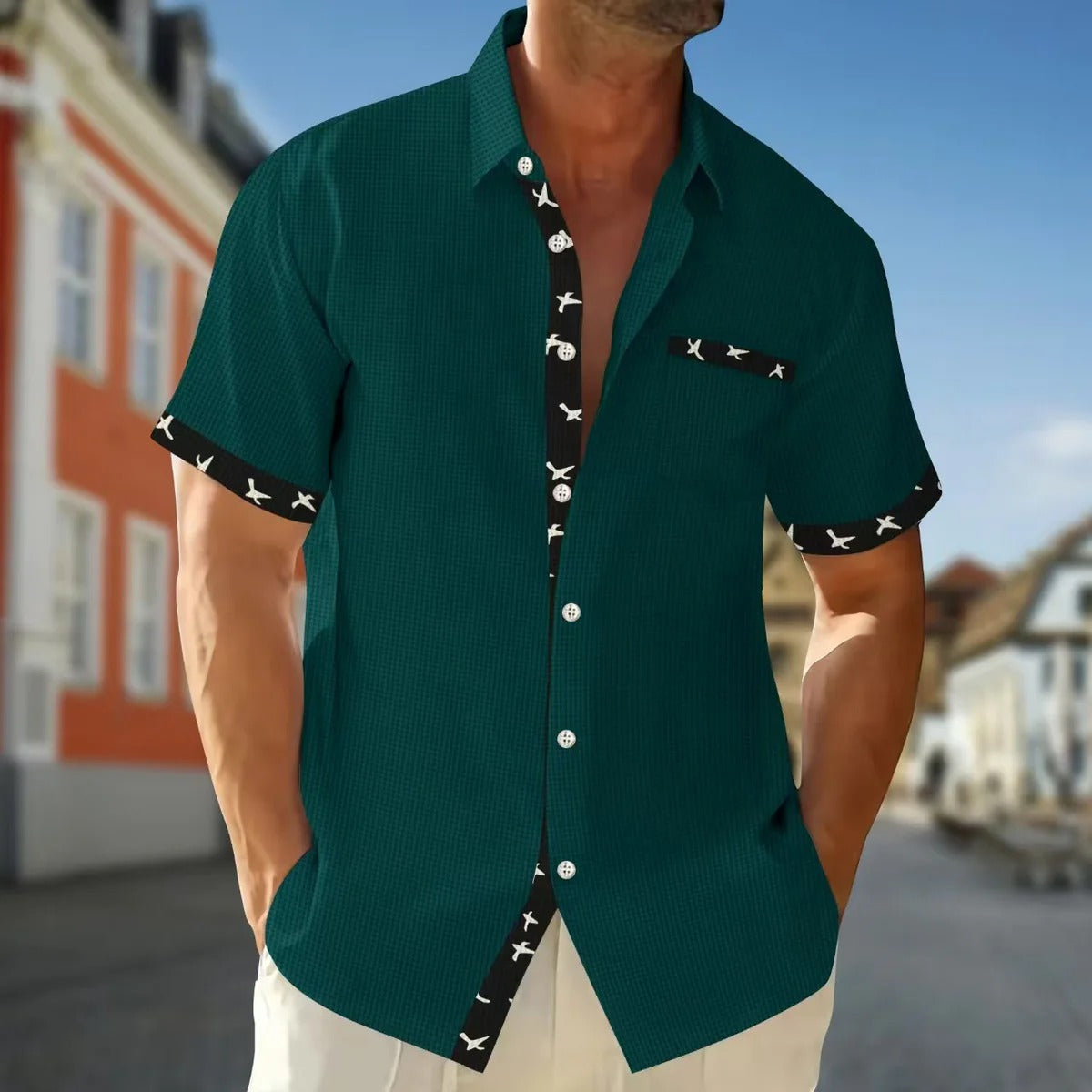 Men’s Short Sleeve Shirt – Cotton – Regular Fit – Patterned Trim – Button Front