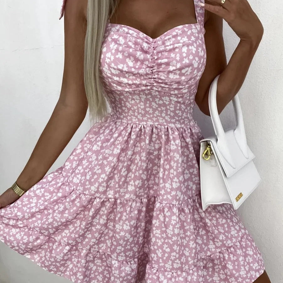 Women’s Mini Dress – Floral Print – A-Line Fit – Ruched Bodice – Ruffled Skirt