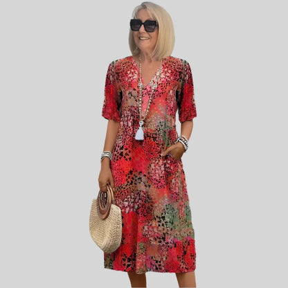 Women’s Midi Dress – Relaxed Fit – V-Neck – Short Sleeve – with Pockets
