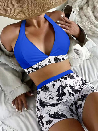 Women’s Bikini Set – Halter Top Deep V-Neck – High-Waisted Floral Shorts – Stretch Fit