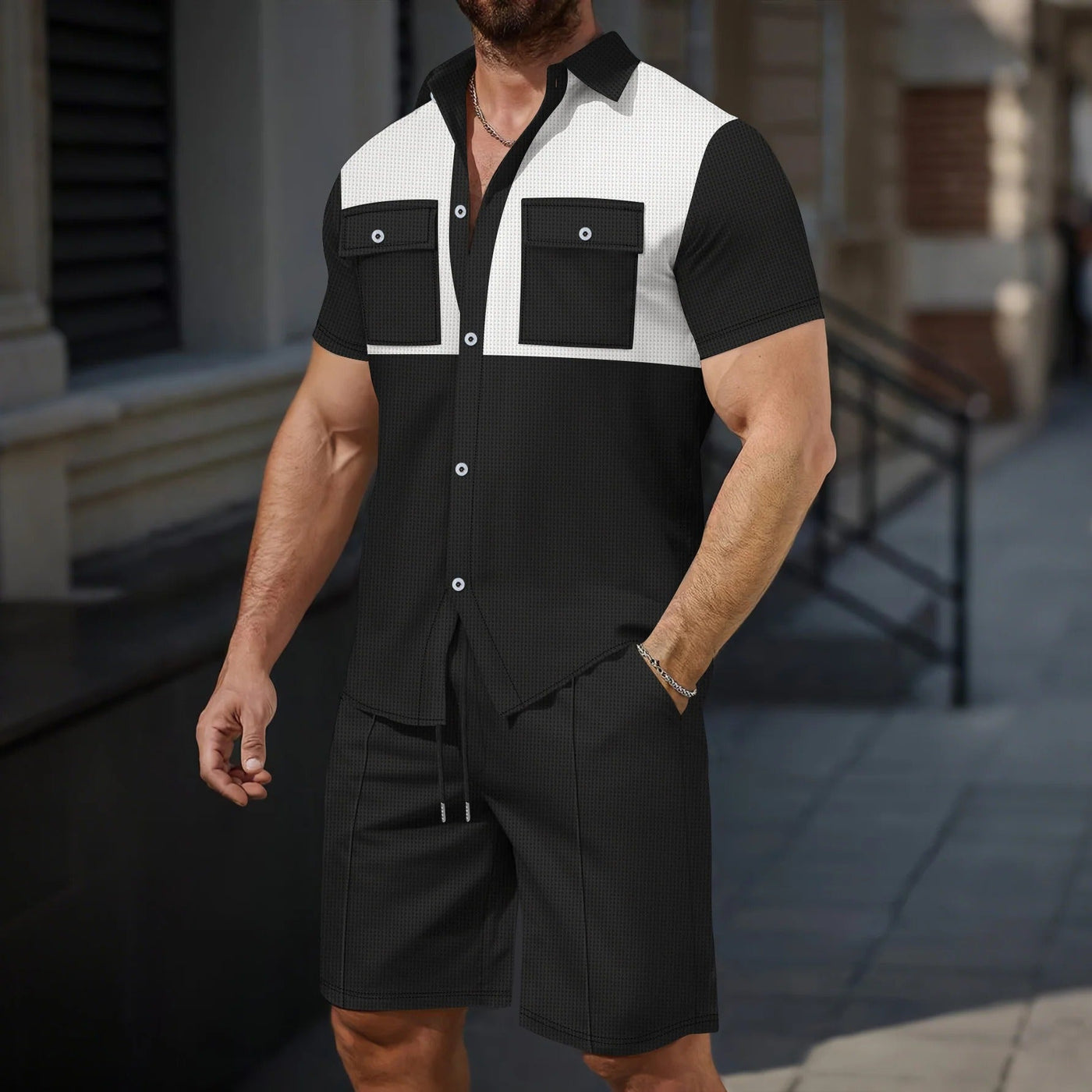 Men's Shorts Casual Set – Short-Sleeve Shirt – Cotton – Regular Fit – Chest Pockets – Contrast Detail