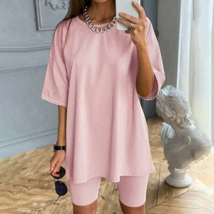 Women’s Two-Piece Set – Relaxed Tunic with Waist Belt – Fitted Cycling Shorts – Jersey Knit