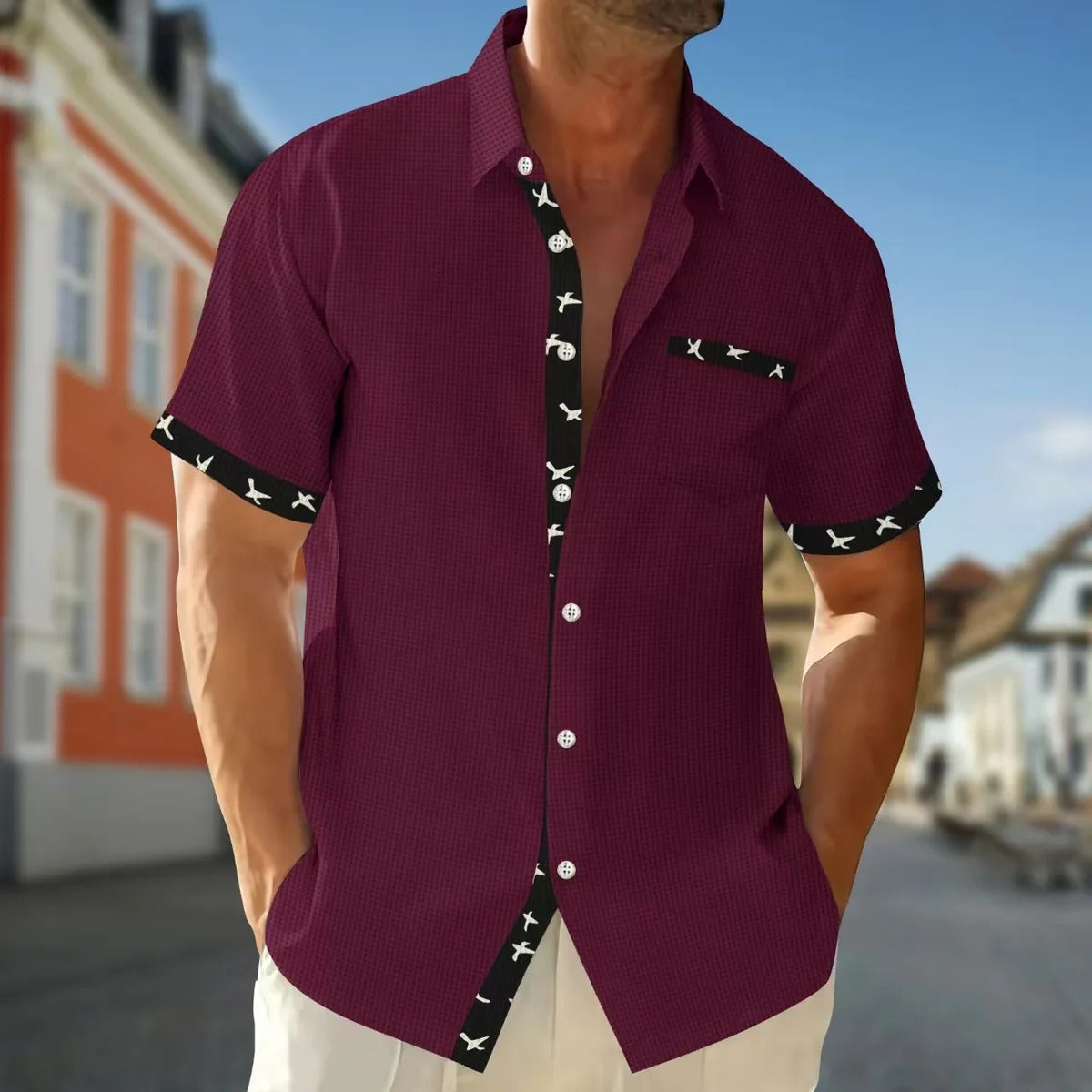 Men’s Short Sleeve Shirt – Cotton – Regular Fit – Patterned Trim – Button Front