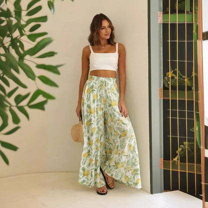 Women’s Maxi Pants – High Waist – Wide Leg – Soft Cotton Feel – Floral Print – Pockets