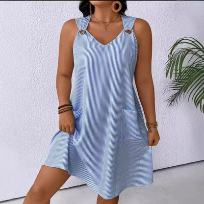 Women’s A-Line Dress – V-Neck – Knee Length – Stripe – Pockets