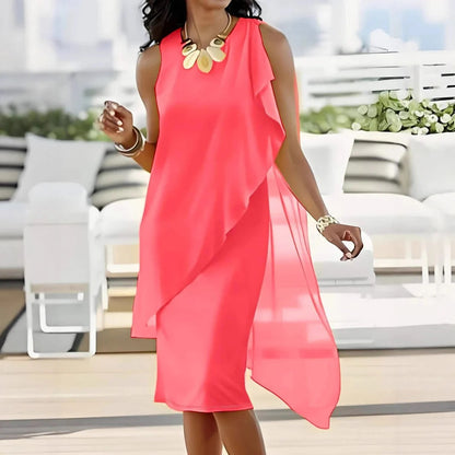 Women’s Evening Dress – Flowing Fit – Sleeveless – Asymmetrical Hem – Midi Length