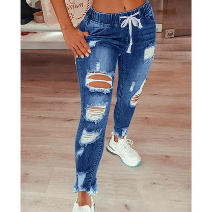 Women’s Casual Pants – Slim Fit – Distressed Denim – Drawstring Waist – Full Length