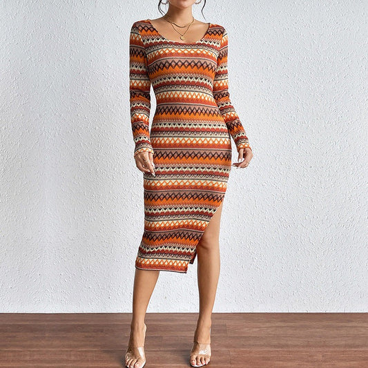 Women’s Midi Dress – Slim Fit – Knit Stretch – Scoop Neck – Long Sleeve – Geometric Pattern – Asymmetric Slit