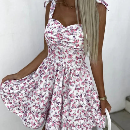 Women’s Mini Dress – Floral Print – A-Line Fit – Ruched Bodice – Ruffled Skirt