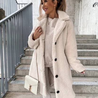 Women’s Long Teddy Coat – Oversized Fit – Faux Shearling – Notched Lapel – Button Front