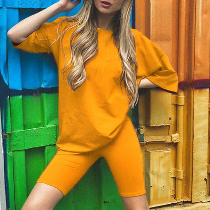 Women’s Two-Piece Set – Relaxed Tunic with Waist Belt – Fitted Cycling Shorts – Jersey Knit