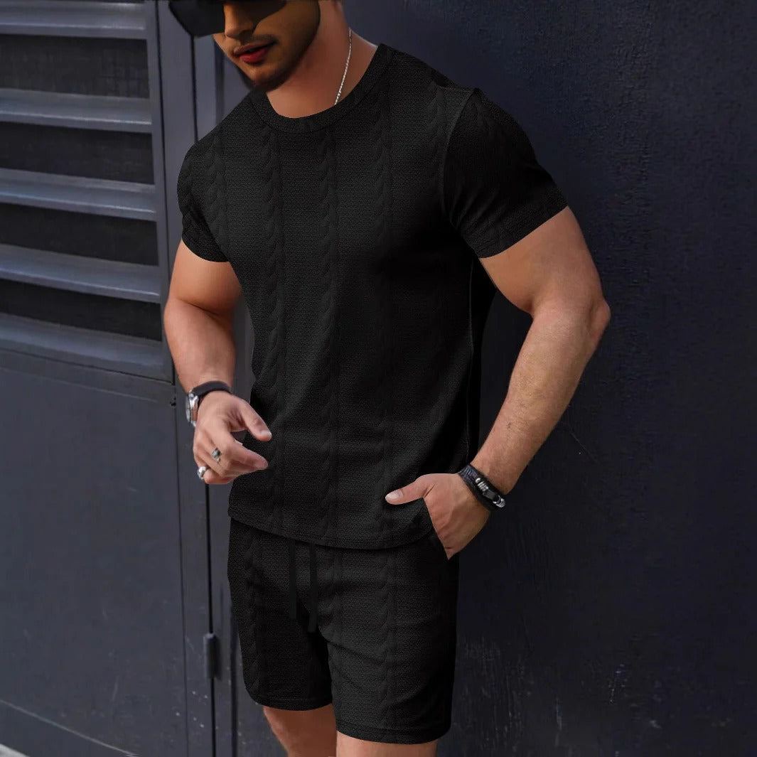 Men’s T-Shirt and Shorts Set – Textured Knit – Regular Fit – Crew Neck – Drawstring Waist