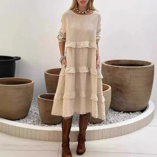 Women’s Maxi Dress – Linen – A-Line Fit – Ruffled Sleeves – Tiered Modest Style