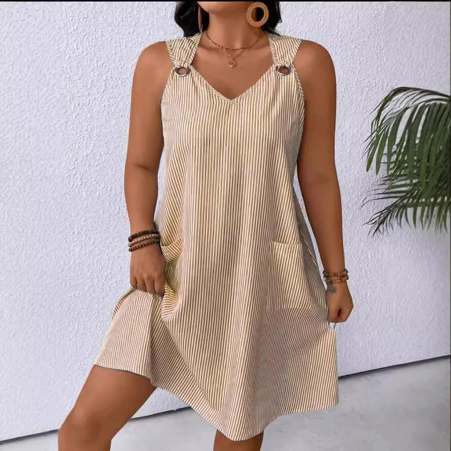 Women’s A-Line Dress – V-Neck – Knee Length – Stripe – Pockets