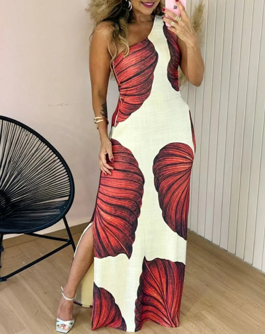Women’s Maxi Dress – Slim Fit – Cotton Blend – Sleeveless – Leaf Print – Side Slit