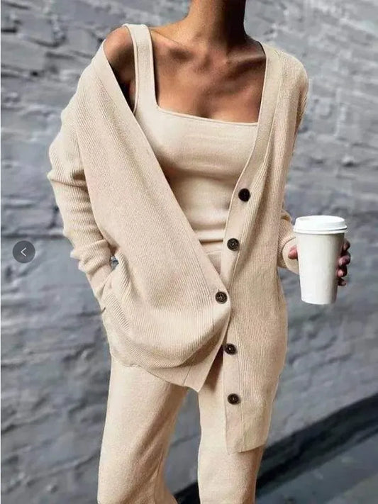 Women’s Lounge Set – Knit Cardigan – Fitted Tank Top – Straight-Leg Pants