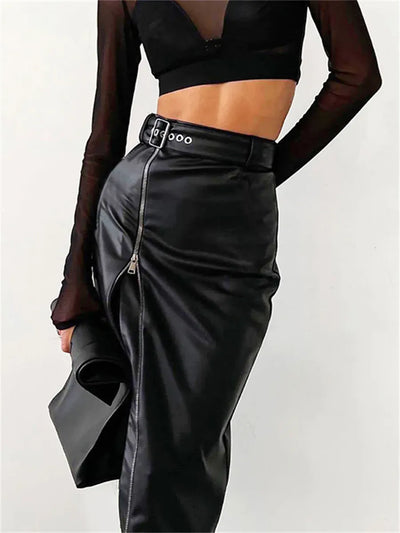 Women’s Pencil Skirt – Faux Leather – Slim Fit – Front Zip – Waist Belt – Midi Length