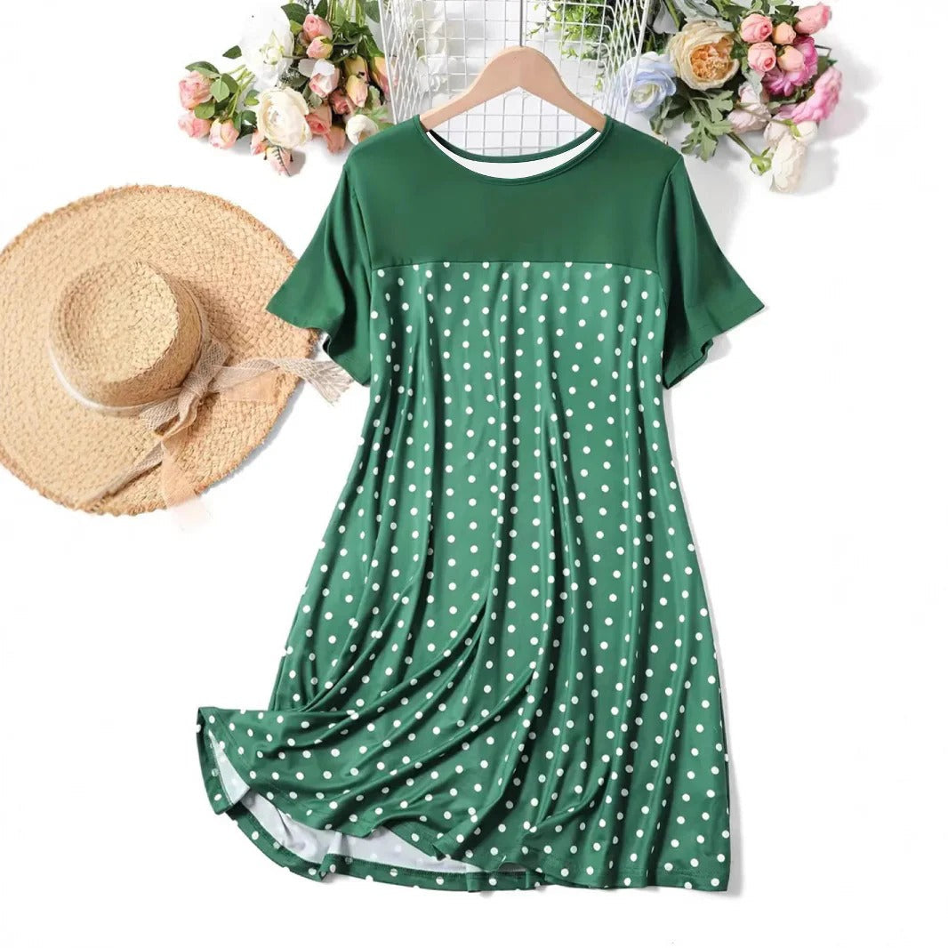 Women’s A-line Dress – Polka Dot – Lightweight Breathable Fabric – Knee Length – Short Sleeve