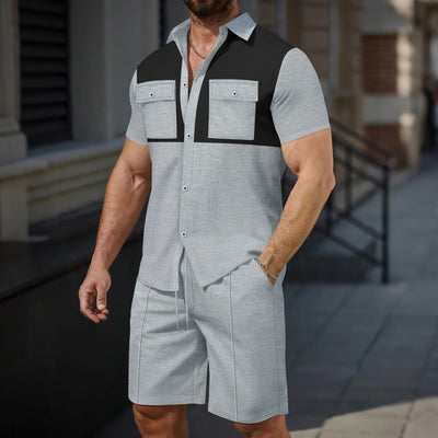 Men's Shorts Casual Set – Short-Sleeve Shirt – Cotton – Regular Fit – Chest Pockets – Contrast Detail