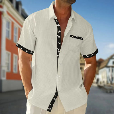 Men’s Short Sleeve Shirt – Cotton – Regular Fit – Patterned Trim – Button Front