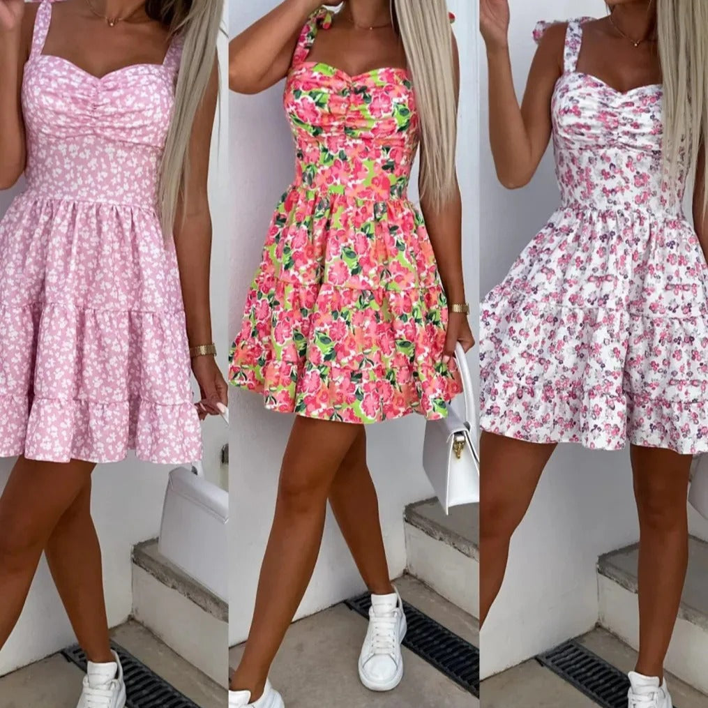 Women’s Mini Dress – Floral Print – A-Line Fit – Ruched Bodice – Ruffled Skirt