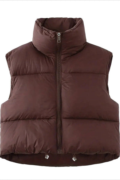 Women’s Puffer Vest – Oversized Fit – Quilted – High Collar – Cropped Length – Drawstring Hem