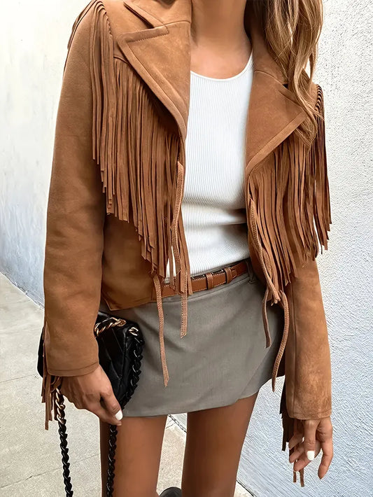 Women’s Suede Jacket – Fitted Waist-Length – Fringe Detail – Western Style