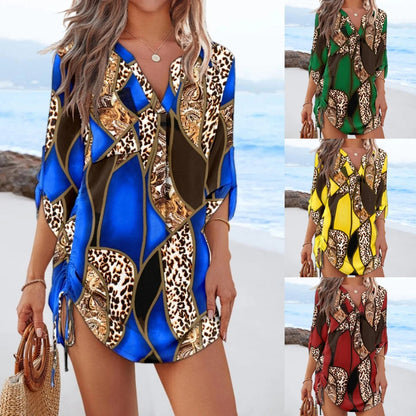 Women’s Beach Dress – Flowy Fit – V-Neck – 3/4 Sleeve – Adjustable Sides – Lightweight