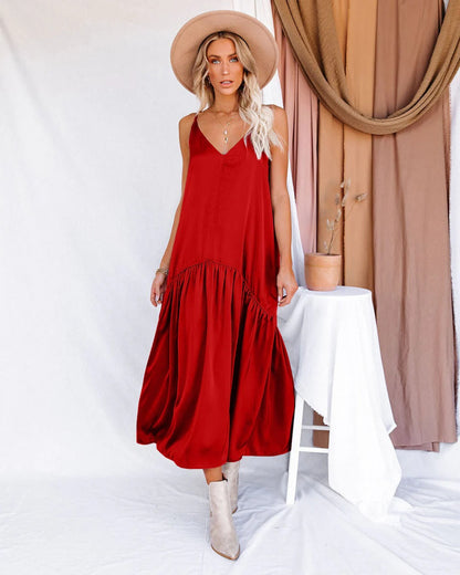 Women’s Maxi Dress – Flowing Fit – V-Neck – Ruffle Detail