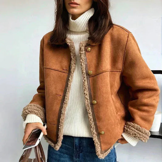 Women’s Button-Up Jacket – Faux Shearling Lining – Suede-Like Texture – Regular Fit