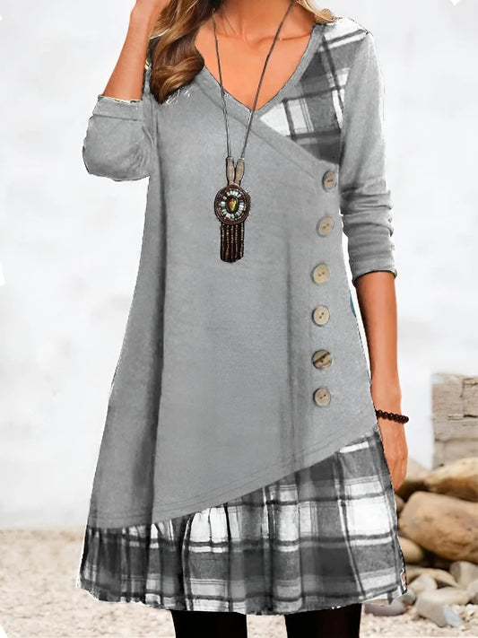 Women’s Tunic Dress – Relaxed Fit – V-Neck – Plaid Detail – Button Side – Long Sleeve